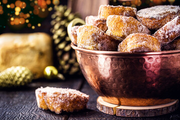French toast, typical Brazilian dessert for Christmas in copper pot. Fried bread jam with sugar and cinnamon, sweet homemade toast