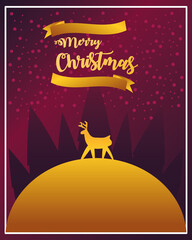 merry christmas, golden deer standing in a hill with tree, paper art style