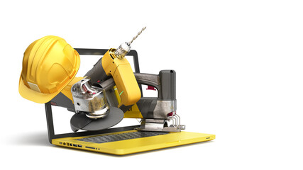 online calculation of construction costs building supplies fly out from laptop with a blank screen 3d render on white