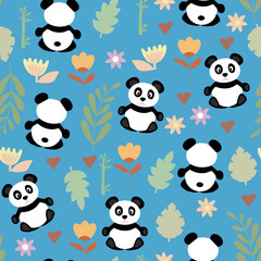 Seamless pattern with animals. Cute black and white pandas, and botanical elements of grass and flowers. Vector flat design. For paper, covers, fabric, gift wrapping. Children's theme