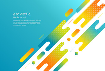 Abstract colorful liquid and fluid shapes on white and blue gradient background. Geometric composition design with dots pattern and diagonal dynamic motion. Copy space for text. Vector Illustration.