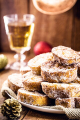 sweet christmas, typical christmas dessert from brazil. Called french toast, baked or fried bread with sugar and cinnamon.