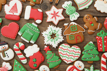 Many different delicious Christmas cookies on wooden table, flat lay