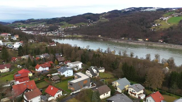 4k aerial footage over Leonding St Margarethen and Danube