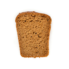 Rye bread, one piece of sliced brown bread isolated on white background, close up macro high resolution.
