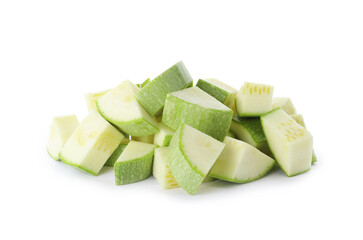 Pieces of ripe zucchini on white background