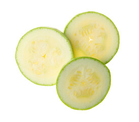 Slices of ripe zucchini on white background, top view