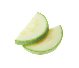 Slices of ripe zucchini on white background