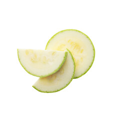 Slices of ripe zucchini on white background, top view