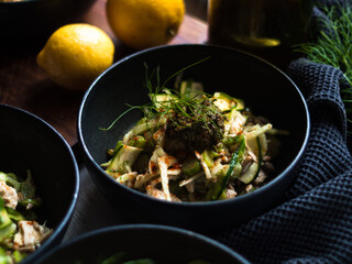 Healthy whole foods roasted zucchini salad with fennel pesto.