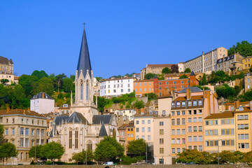 Fototapeta na wymiar Saint George church on Saone river embankment, Lyon, France.