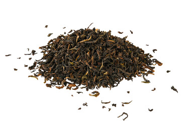 Loose dry black tea from Darjeling, India. Close-up macro high resolution isolated on white background..