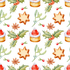 Festive endless texture. Watercolor of Bird wren cake, mistletoe and holly. Seamless pattern for greeting design.