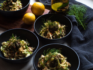 Healthy whole foods roasted zucchini salad with fennel pesto.