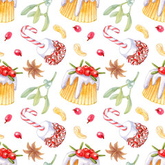 Festive endless texture. Watercolor of Bird wren cake, mistletoe and holly. Seamless pattern for greeting design.