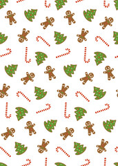 Seamless christmas sweets and traditional gingerbread man pattern vector background white