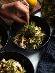 Healthy whole foods roasted zucchini salad with fennel pesto.