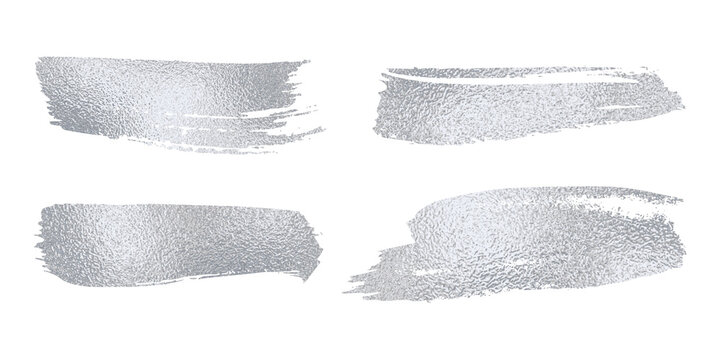 Set of vector sparkle silver mascara brush strokes. Luxury decor of shiny foil. Collection of grunge metal paint texture for greeting card design. Glitter patterns for sticker isolated from background