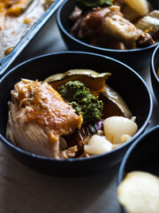 Sunday roast chicken with roast pumpkin and pesto.