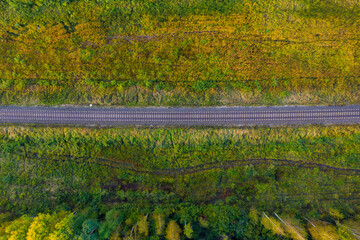 railway track line through autumn forest, view from above