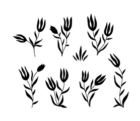 Fantasy flowers, set of black floral silhouettes