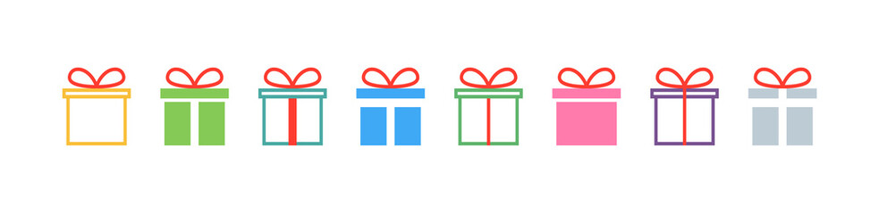 Gift. Gift box collection with ribbons. Christmas gift icons, isolated. Surprise box vector icons in a row. Vector illustration