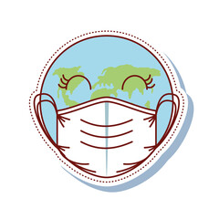 coronavirus covid 19, world map with mask sticker icon