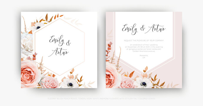 Vector cute floral autumn wedding invite card template set. Lush fall leaves, blush peach pink and ivory roses, white anemone flowers bouquet decorative watercolor hexagonal frame. Editable & isolated