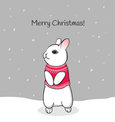Cute animal bunny in sweater on snow. Merry Christmas creative rabbit illustration in vector