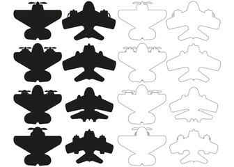 Silhouettes of aircraft. View from above. Isolated on white background. Vector illustration.