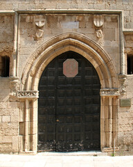 Inn of the Tongue of France, entrance door, Avenue of the Knights, Old Town of Rhodes, Greece