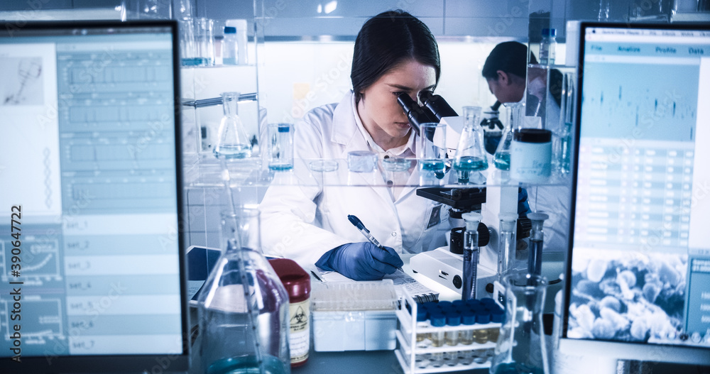 Wall mural female doctors testing samples in futuristic laboratory. using microscopes and computer with data