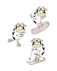 Vector set bulls or cows, flat cartoon animals for holiday cards, posters and home decorations, cute characters isolated on white background. Winter sports. 2021 Ox zodiac. Hand-drawn.
