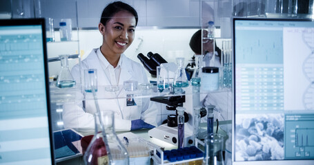 Multi ethnic science team working with microscope and computer. Female doctors in futuristic laboratory. Looking at camera