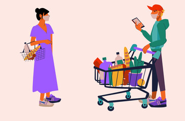 Flat vector illustration of two young white people in supermarket. Girl in face mask with shop basket. Man with mobile phone do shopping and have shopping cart full of groceries and food products