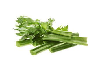 Fresh green celery sticks and leaves isolated on white