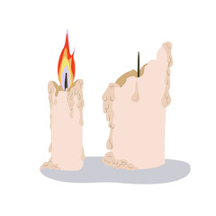 Burning candle with dripping or flowing wax, vector illustration. Flame candles are lit and extinguished with molten wax. Church Christmas collection. Set of candles with fire in cartoon style.