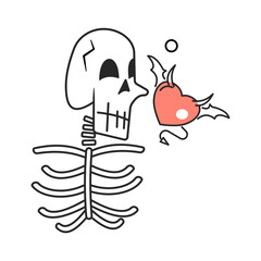 Half human skeleton with a flying evil heart. Flat style outline illustration. 
