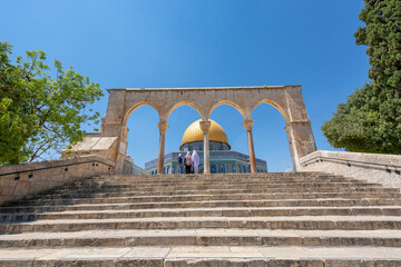 People exploring the Dome of the Rock. It is an Islamic shrine located on the Temple Mount in the Old City of Jerusalem, Israel.	