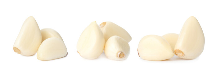 Set of fresh garlic cloves on white background. Banner design
