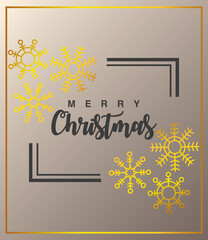merry christmas, handwritten lettering golden snowflakes card