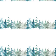 Seamless border pattern of pine trees Christmas winter forest on a white background