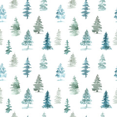 Seamless pattern of pine trees Christmas winter forest on a white background