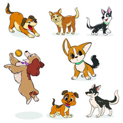 Obraz premium set cute cartoon dogs activities hand draw vector