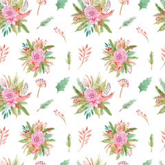 Seamless pattern Christmas flowers rose bouquet. Floral element for decoration of greeting cards, invitations and cards. Botanical arrangement winter design on a white background