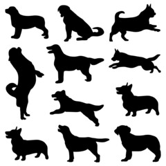 set dog silhouette activities vector