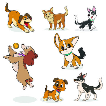set cute cartoon dogs activities hand draw vector