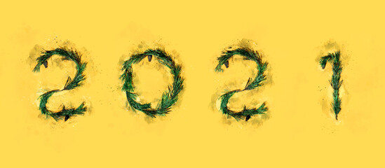 Merry Christmas and Happy New Year 2021 banner watercolor. The numbers 2021 are made from coniferous branches, yellow background.