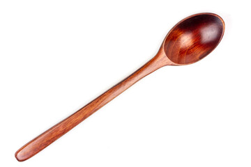 Close-up single wooden spoon isolated on white background.