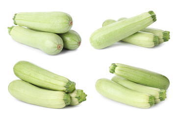 Set of fresh whole squashes on white background